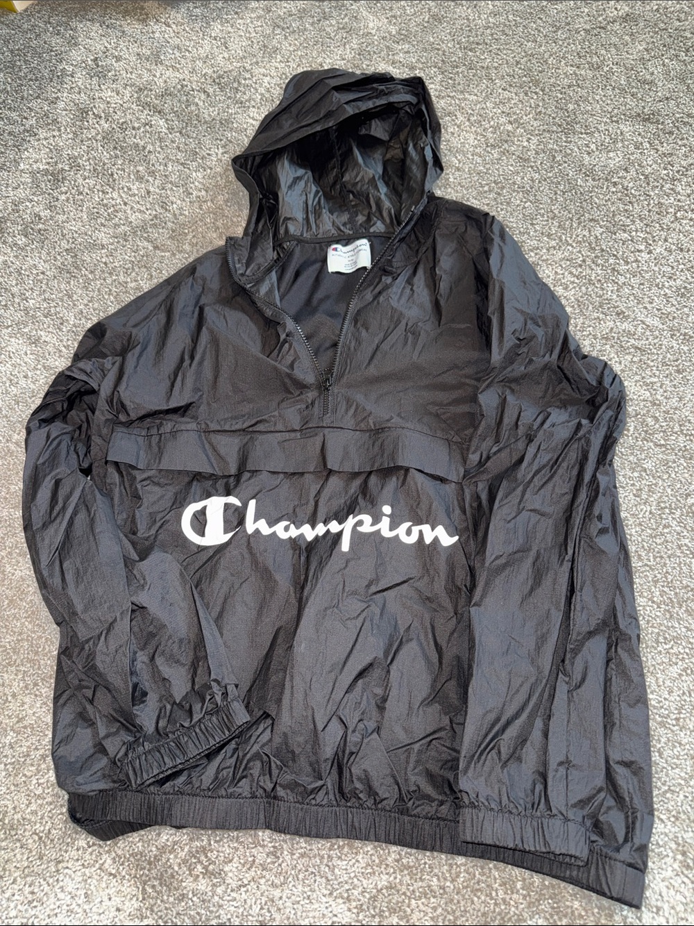 Champion Black Hooded Pullover with White Script Logo